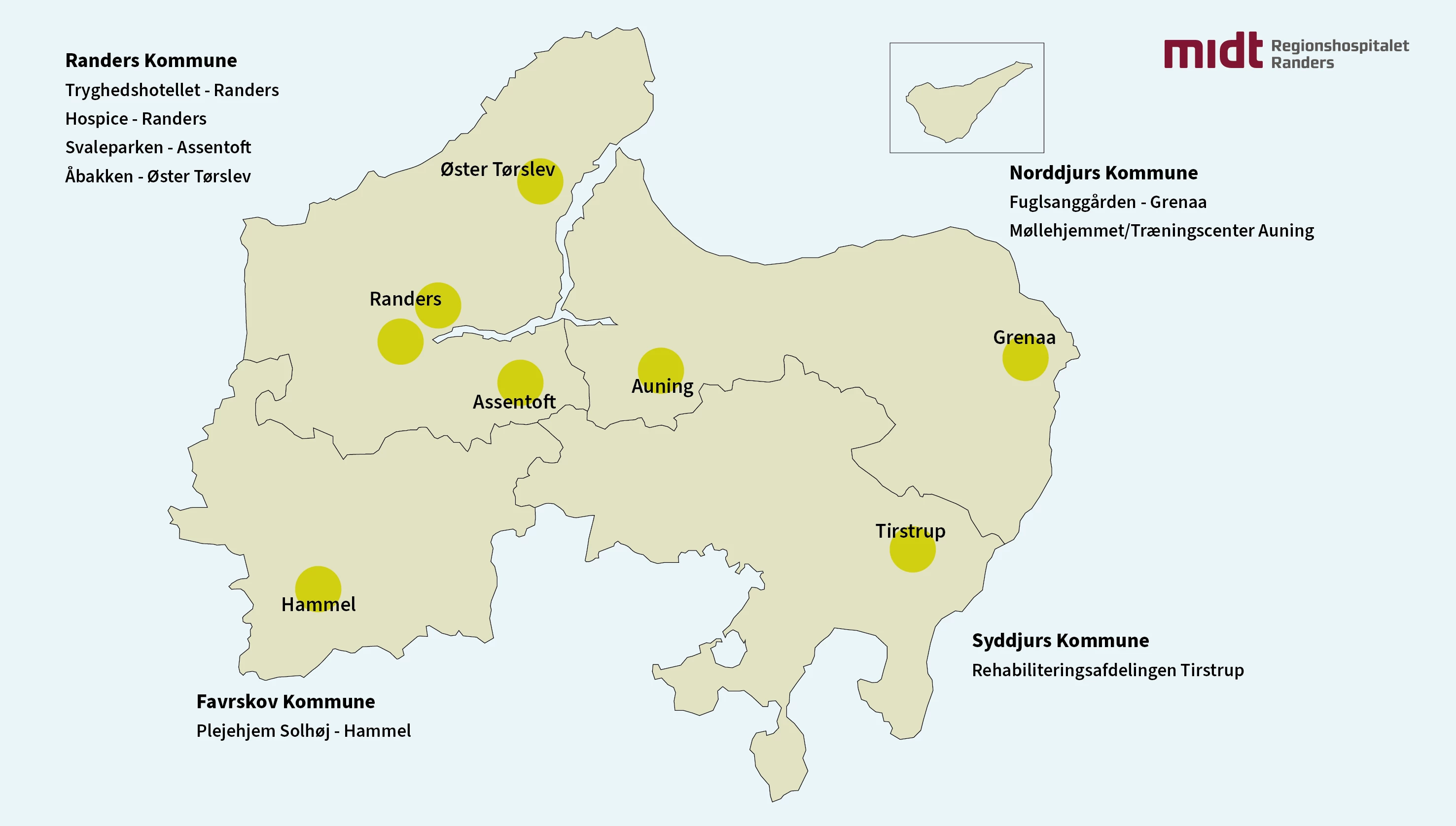 Grafikken viser et kort over Kronjylland og Djursland hvor de kommende placeringer af sundheds- og omsorgspladser er markeret.